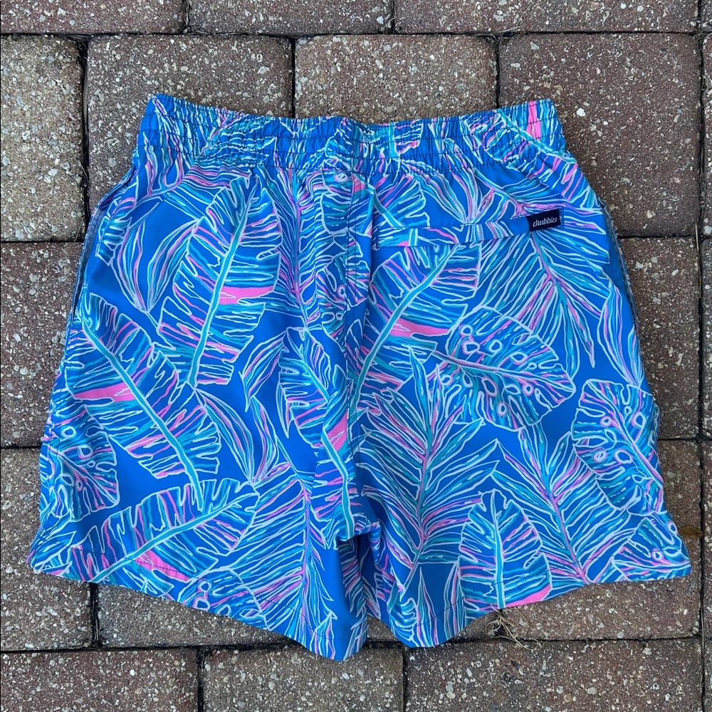 NWOT - CHUBBIES The Spades Classic Swim Trunk in Tropical Blue & Pink Print
